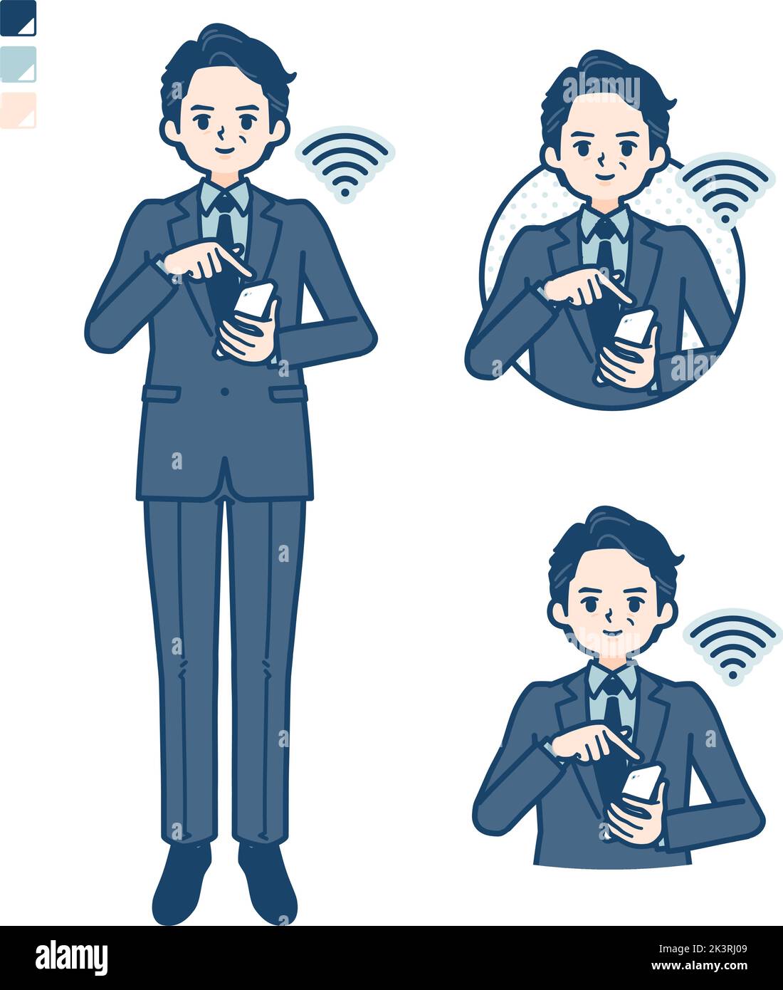 Ein Geschäftsmann mittleren Alters in einem Anzug mit bedienen Smartphone-Bilder.Es ist Vektorgrafik, so ist es einfach zu bearbeiten. Stock Vektor