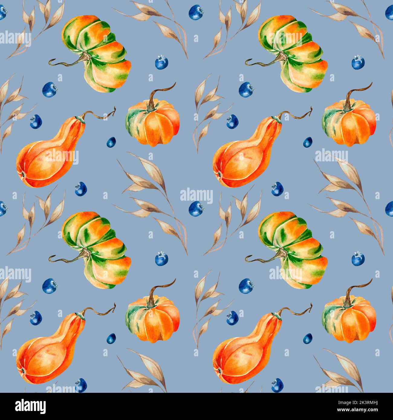 Kürbisse, Stachelett, Blaubeere Aquarell nahtloses Muster auf Blau. Buntes Herbstgemüse von Hand gezeichnet. Design für Verpackung, Textil, Hintergrund, fa Stockfoto