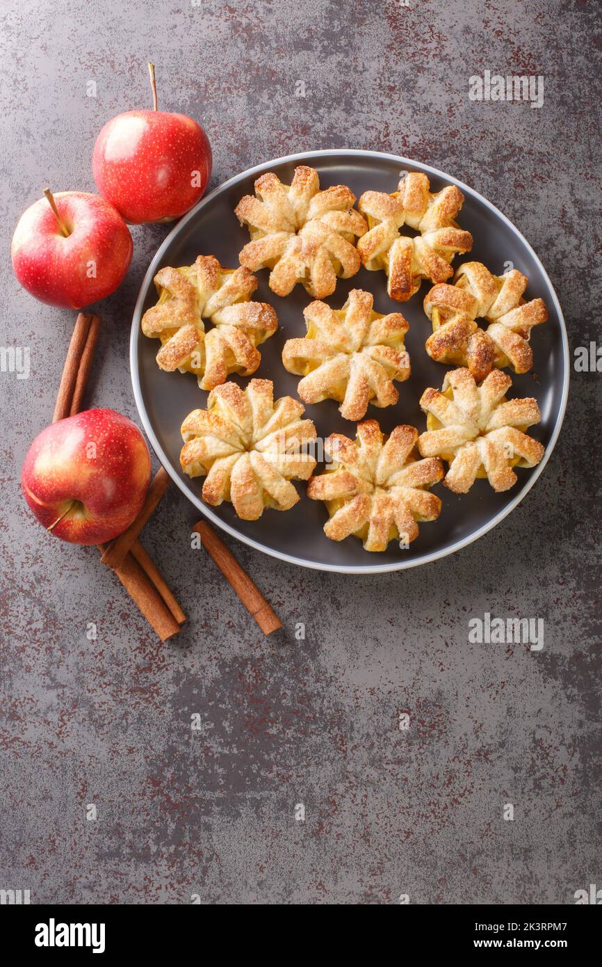 Apfelringe in Blätterteig mit Zucker und Zimt in einer Schüssel auf dem Tisch gebacken. Vertikale Draufsicht von oben Stockfoto