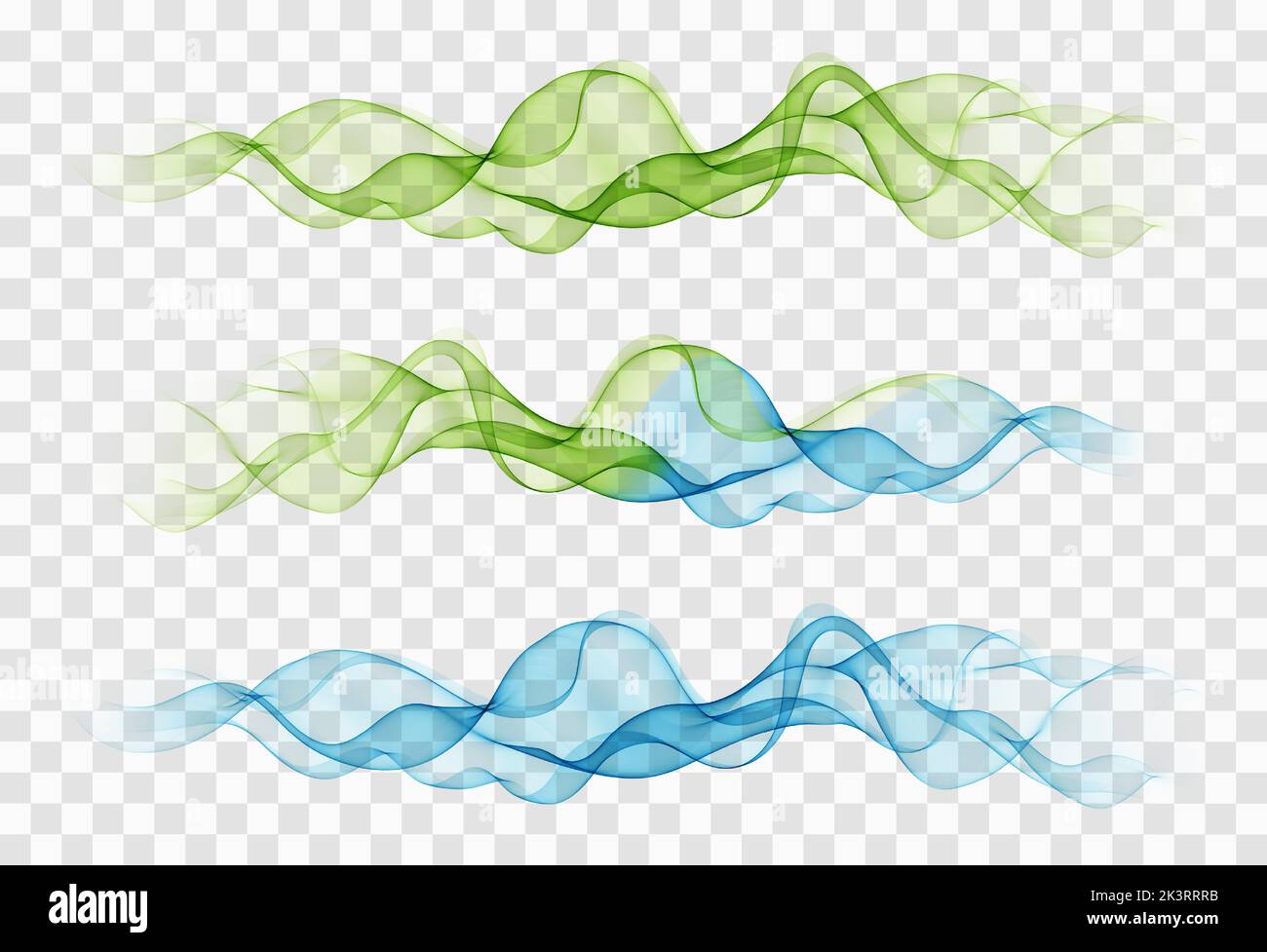 Helle grüne und blaue abstrakte Geschwindigkeitslinien fließen. Minimalistischer, frischer Swoosh, saisonaler Wellenübergang im Frühling, Trennvorlage. Vektorgrafik. Stock Vektor