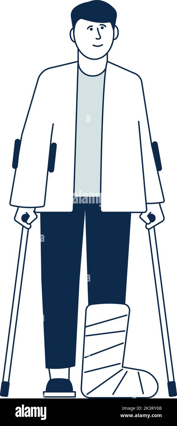 Mann mit Bein in Gipsverband, der auf Krücken steht Stock Vektor