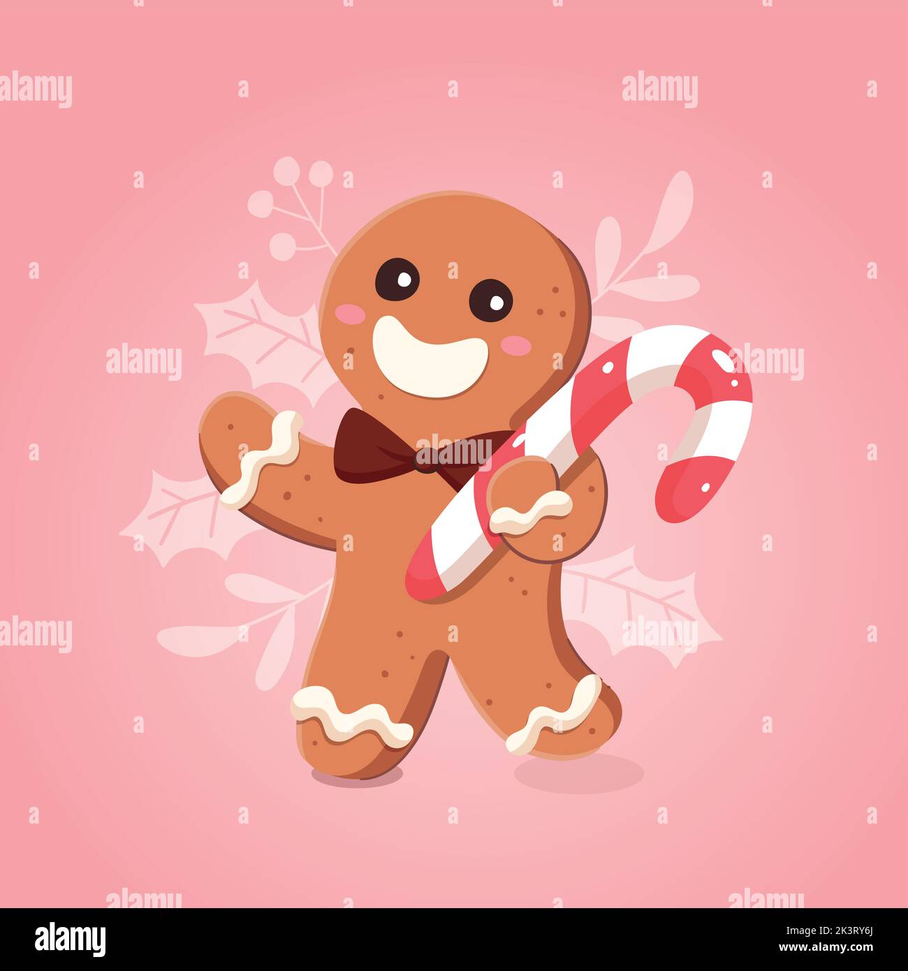 Lustiger Lebkuchenmann, der einen weihnachtsbonbons hält. Weihnachts-Bonbons-Kollektion. Cartoon-Vektorgrafik. Stock Vektor