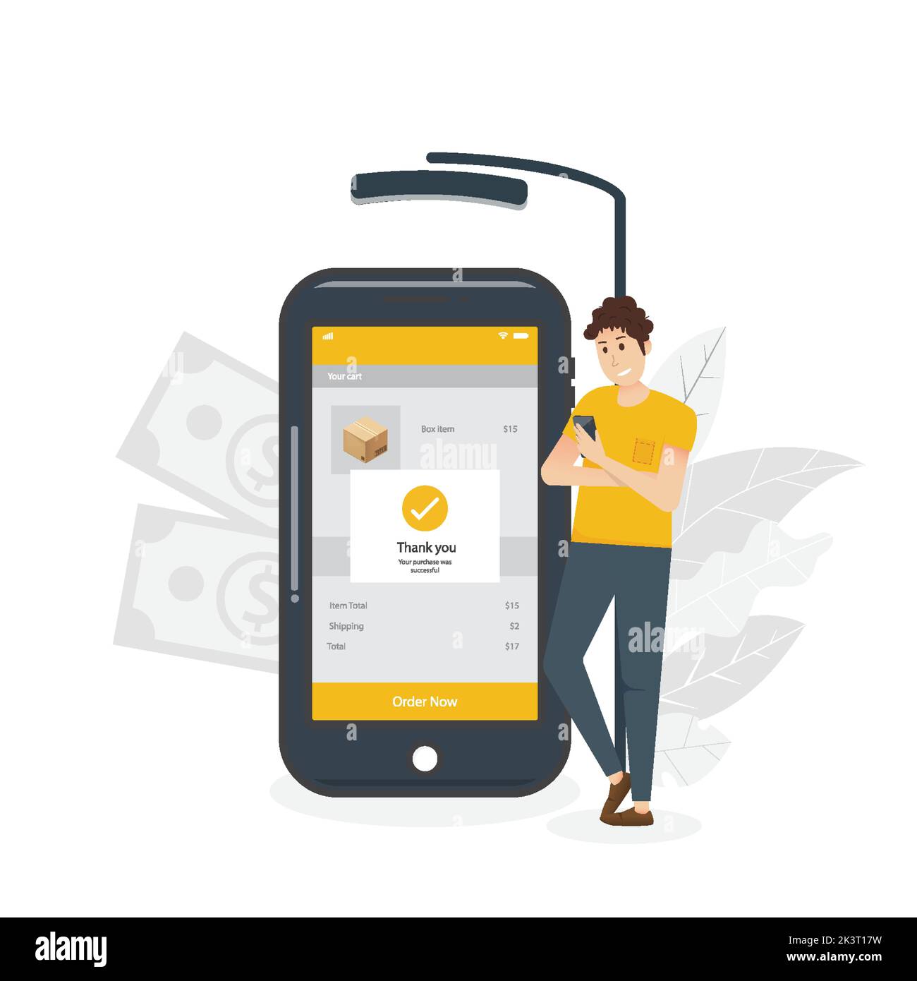 Online-Zahlungskonzept. Mann hält Smartphone-Shopping auf dem Smartphone auf dem Bildschirm. Einkäufe im Internet, wobei das Mobiltelefon bezahlt wird. Cartoon Flach. Stock Vektor