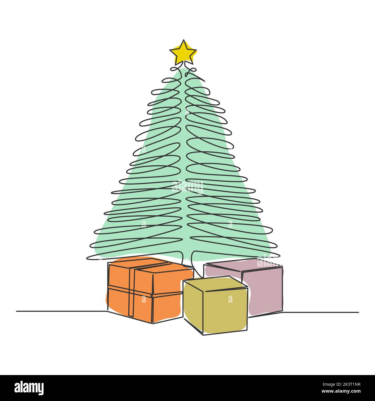 Einzelzeilzeichnung von Geschenken unter weihnachtsbaum, Linienkunst Vektorgrafik Stock Vektor