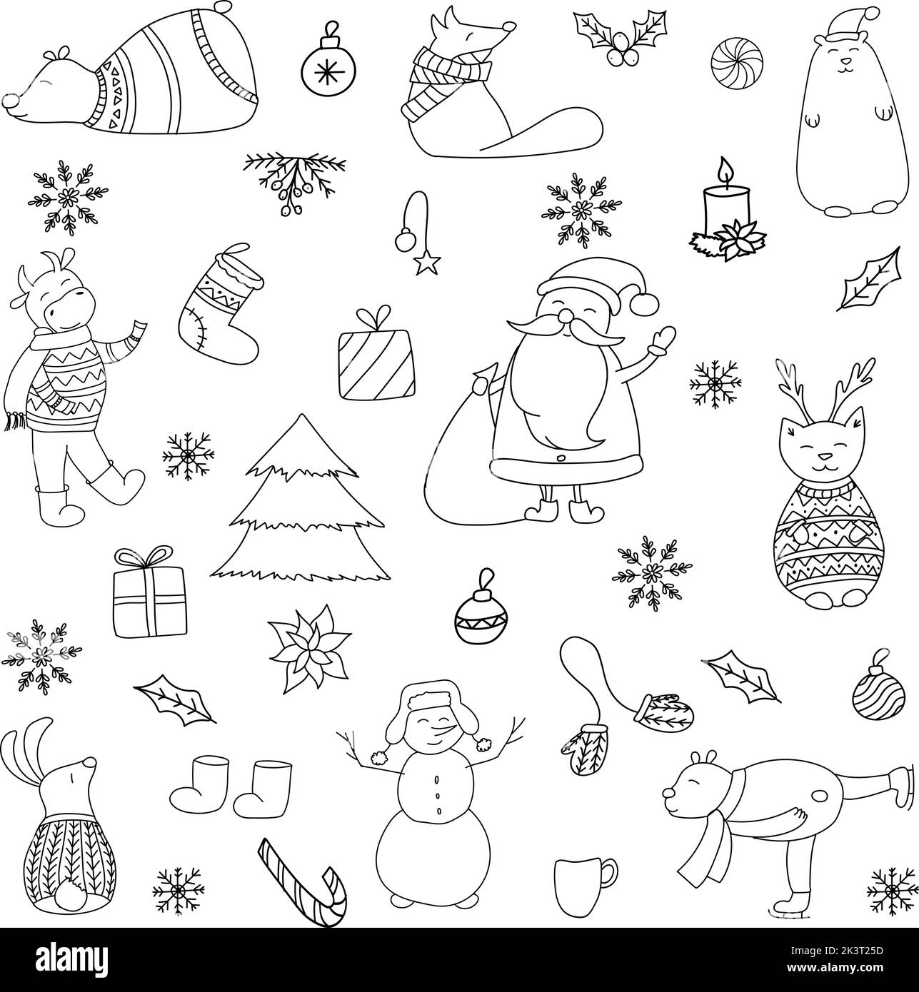Vektorgrafik handgezeichneter Doodle. Silvester mit Waldtieren und Stier. Schwarze Silhouette für Malvorlagen, Webdesign, Logo, Aufkleber Stock Vektor