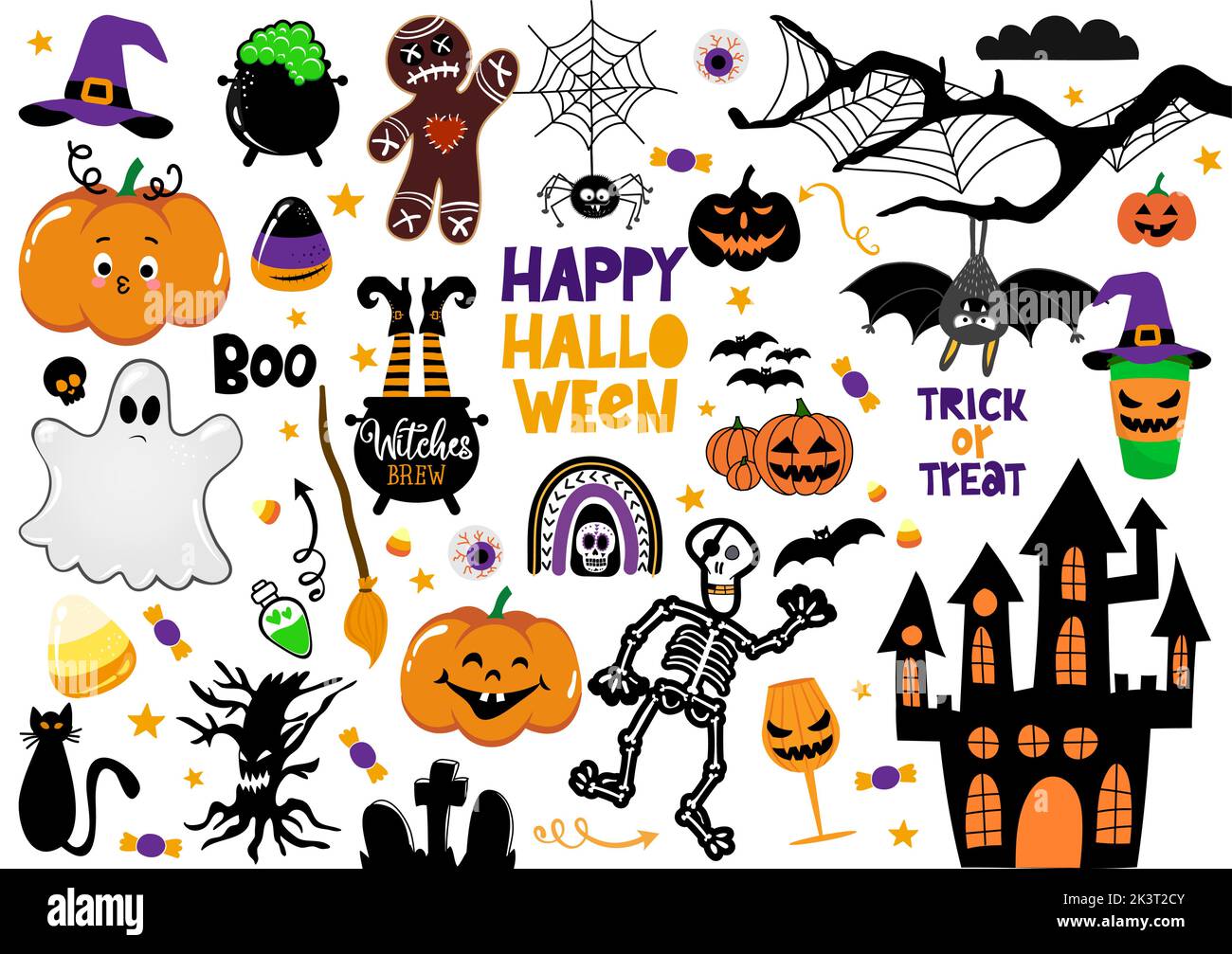 Happy Halloween - niedliche Charaktere und gruselige Elemente. Eine Sammelalbum Sammlung von Halloween Party Dekorationen. Gejagt Haus, Skelett, gruselige Charaktere. Stock Vektor