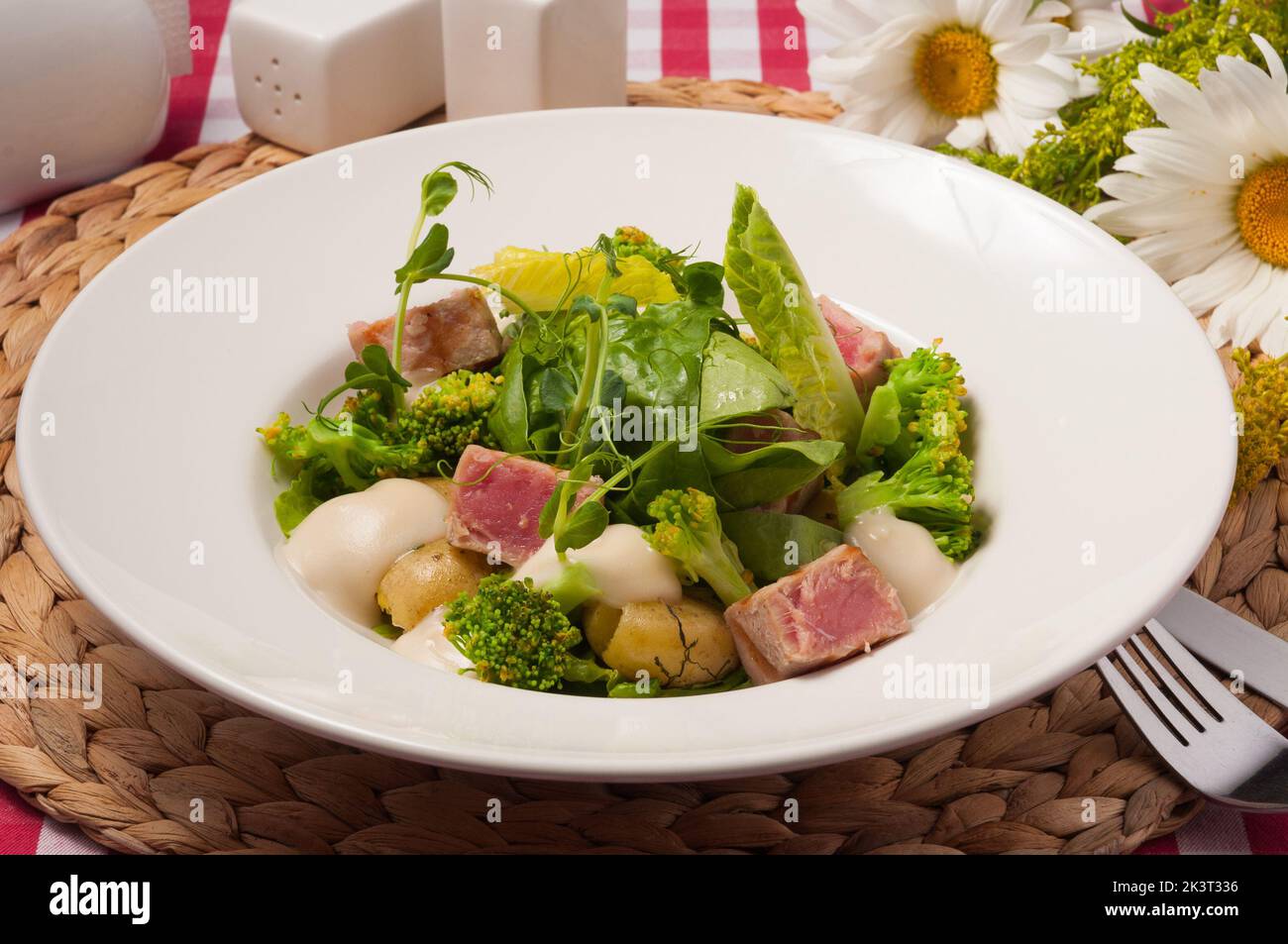 Leckerer Salat mit Gemüse und gebratenem Thunfisch auf einem weißen Teller. Nahaufnahme Stockfoto