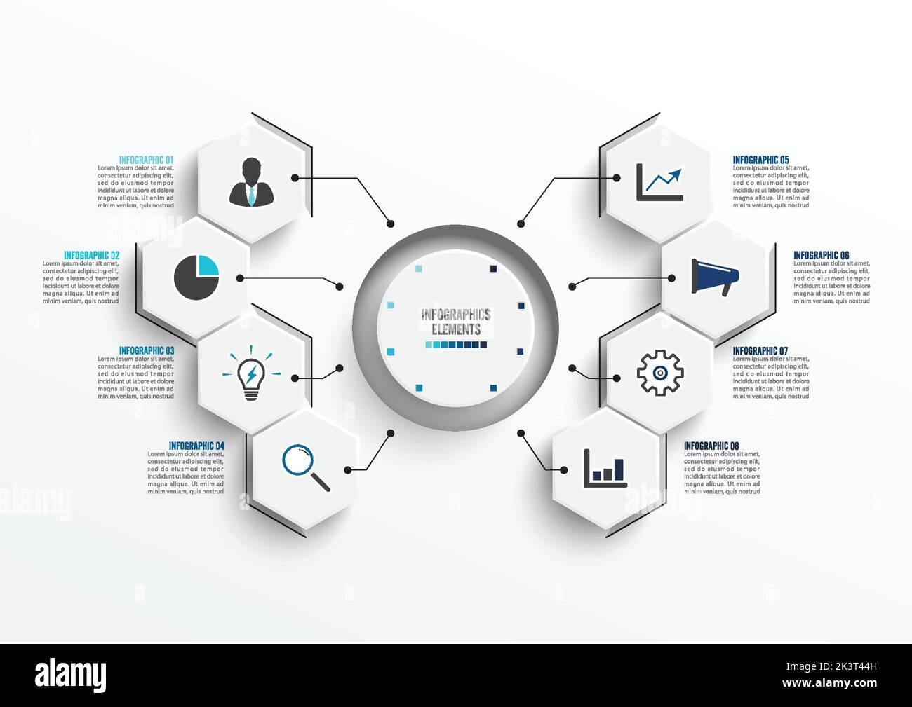 Infografievorlage Vector mit 3D-Papieretikett, integrierte Kreise. Geschäftskonzept mit 8 Optionen. Für Inhalt, Diagramm, Flussdiagramm, Schritte, Teile, t Stock Vektor