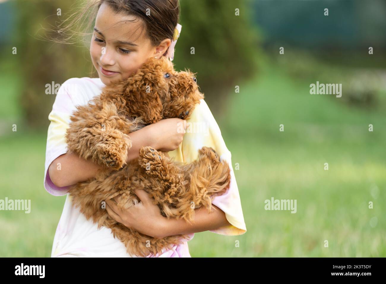 Kleiner Hund mit Besitzer verbringen einen Tag im Park spielen und Spaß haben. Stockfoto