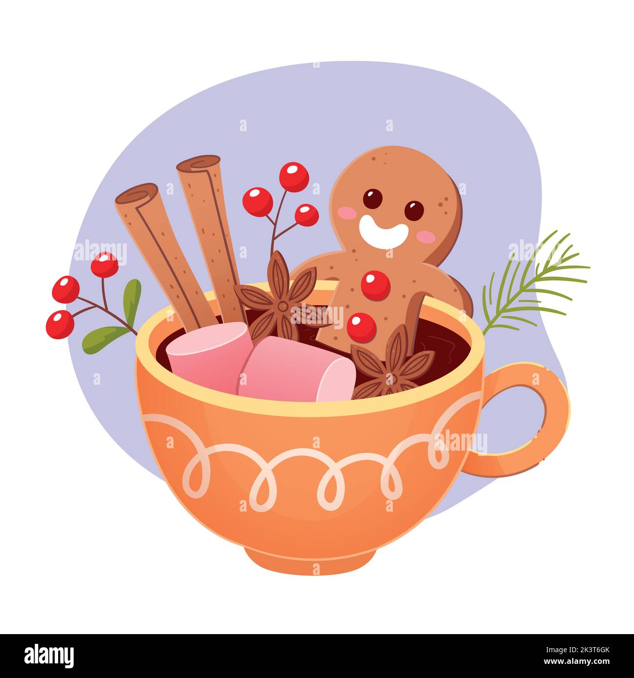 Lächelnder Lebkuchenmann, der in einer Tasse Schokolade mit Marschmalchen, Sternanisen und Zimtstangen baden muss. Weihnachts-Bonbons-Kollektion. Cartoon-Vektor i Stock Vektor