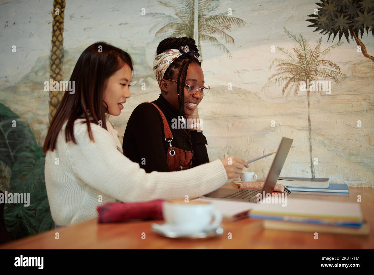 Zwei multikulturelle College-Mädchen, die in der Cafeteria stehen und einen Laptop für Recherchen verwenden. E-Learning und Datenverfügbarkeit. Stockfoto