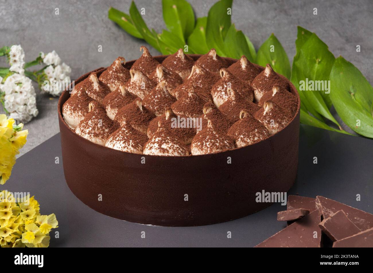 Köstlicher Mokka-Kuchen - Mandelkuchen, Schokoladencreme auf dunkler Schokolade, mit einer Füllung aus Kaffee-Mousse und Mascarpone-Käse Stockfoto