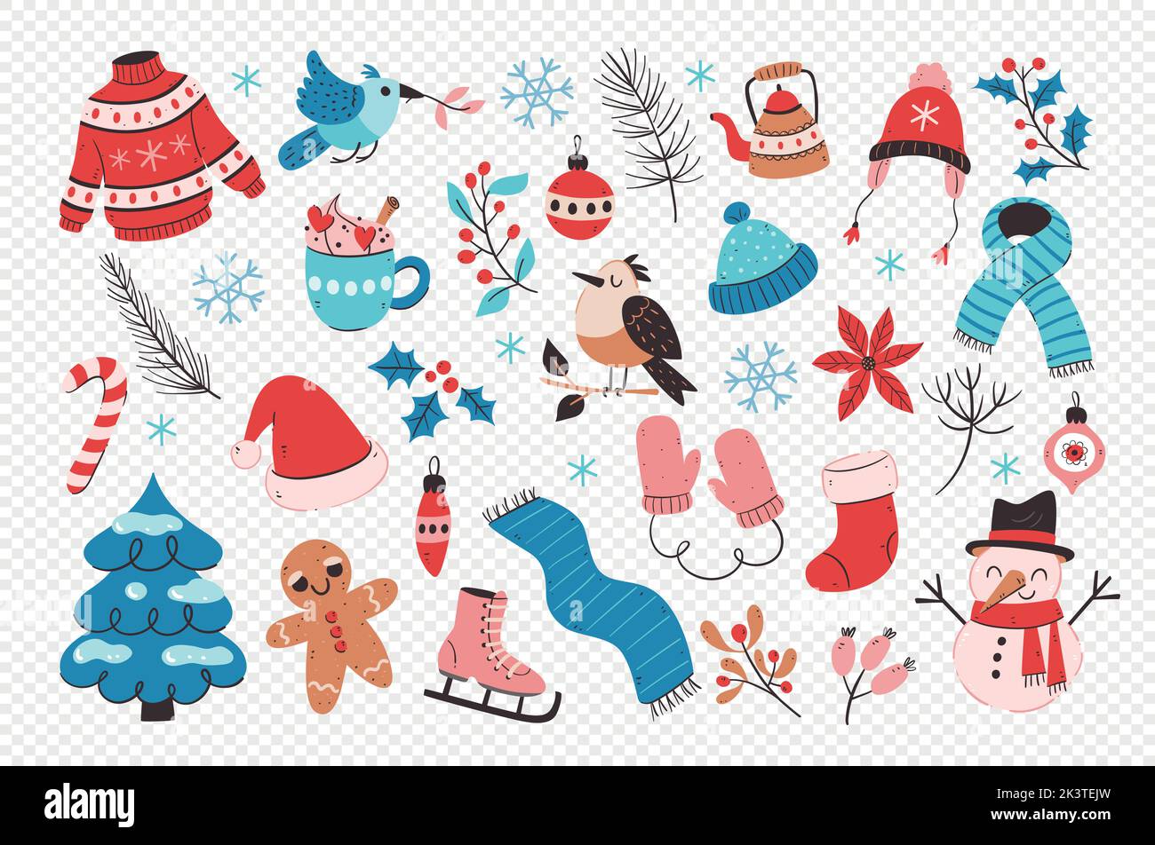 Niedliche Winterobjekte isoliert. Kollektion von saisonalen Dingen wie Kleidung, weihnachtsdekoration und saisonalen Pflanzen, perfekt für die Gestaltung von Winterdekor Stock Vektor