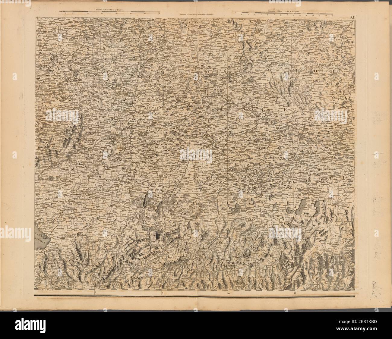 Tafel IX: Eine allgemeine Karte des Reiches von Deutschland, Holland, den Niederlanden, der Schweiz, den Graubünden, Italien, Sizilien, Korsika und Sardinien Gillet, Thomas. Kartografisch. Karten. 1800-06-04. Lionel Pincus und Princess Firyal Map Division. Europa, Karten Stockfoto