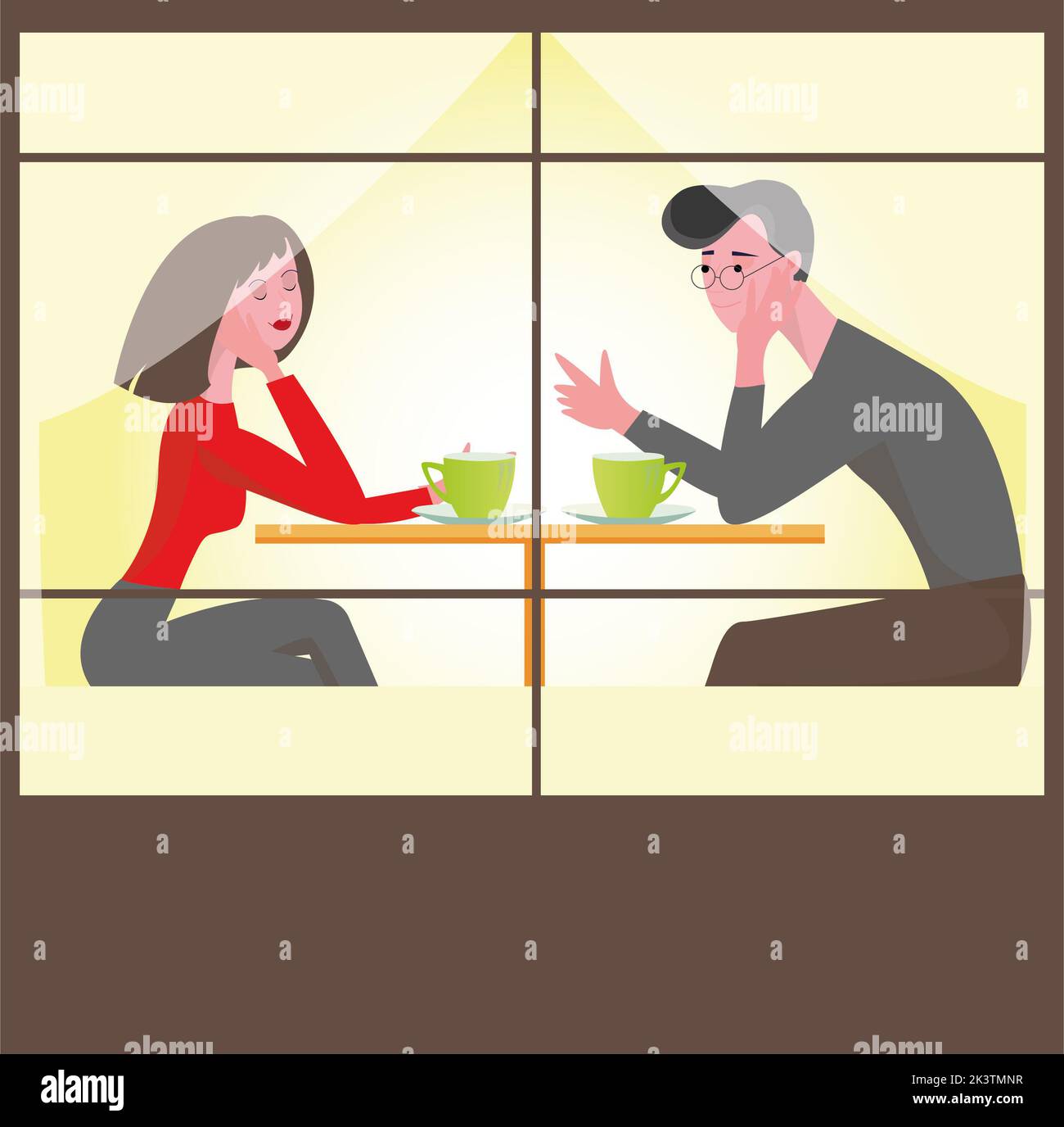 Liebevolles Paar trinkt Kaffee in einem Café. Ein Mann und eine Frau sitzen an einem Tisch in