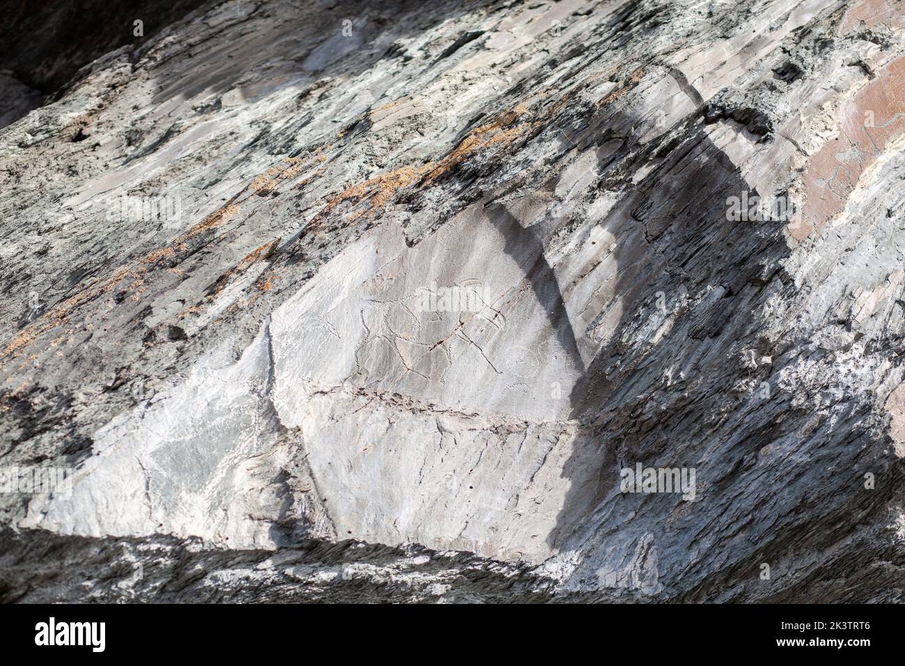 Alte Felsschnitzereien eines alten Mannes auf Felsen in Sibirien. Die Zeichnungen zeigen Tiere und Menschen Stockfoto