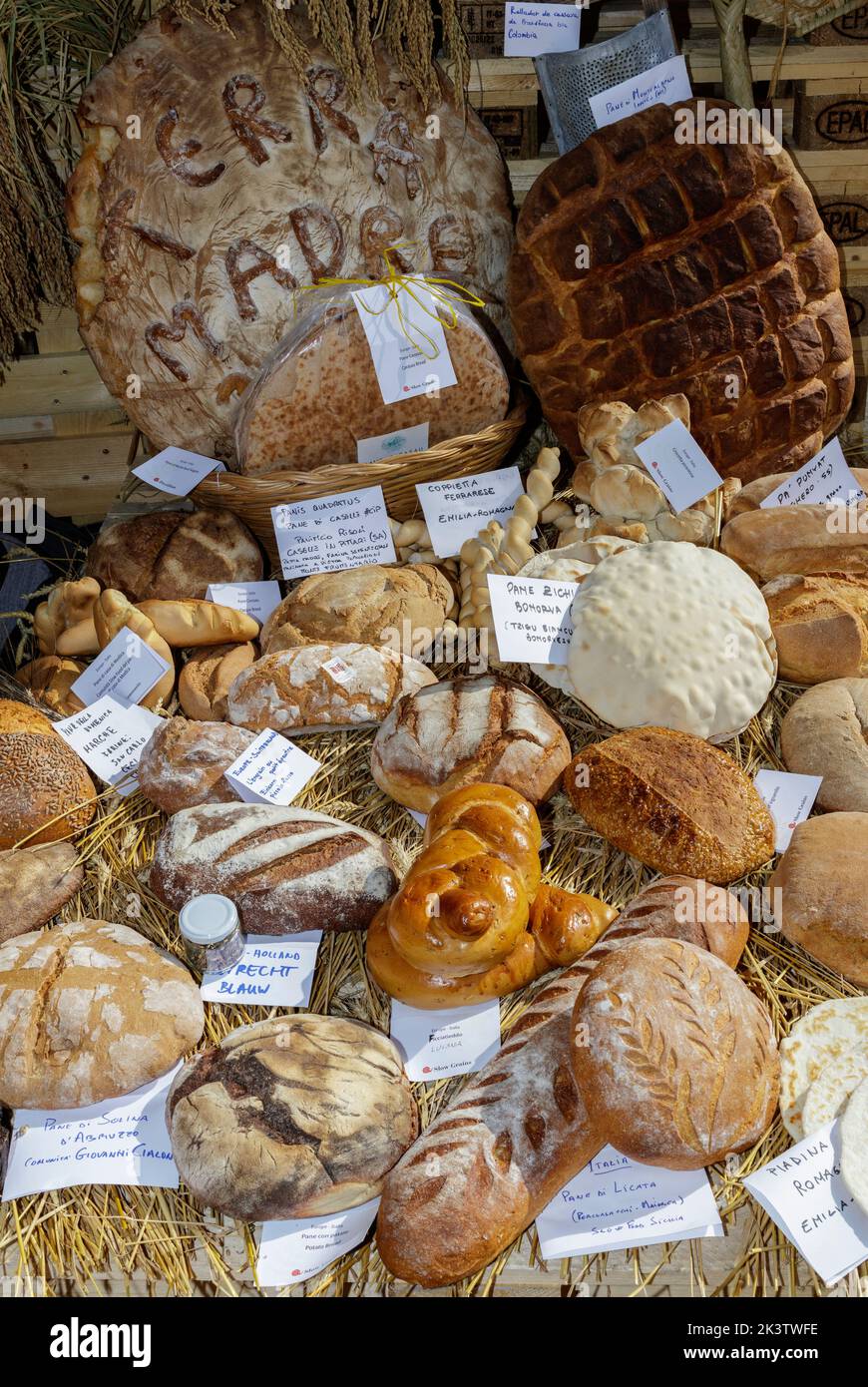 Turin, Italien - 23. September 2022: Verschiedene Brotsorten aus ganz Europa, ausgestellt während der Messe 'Terra Madre - Salone del Gusto'. Stockfoto