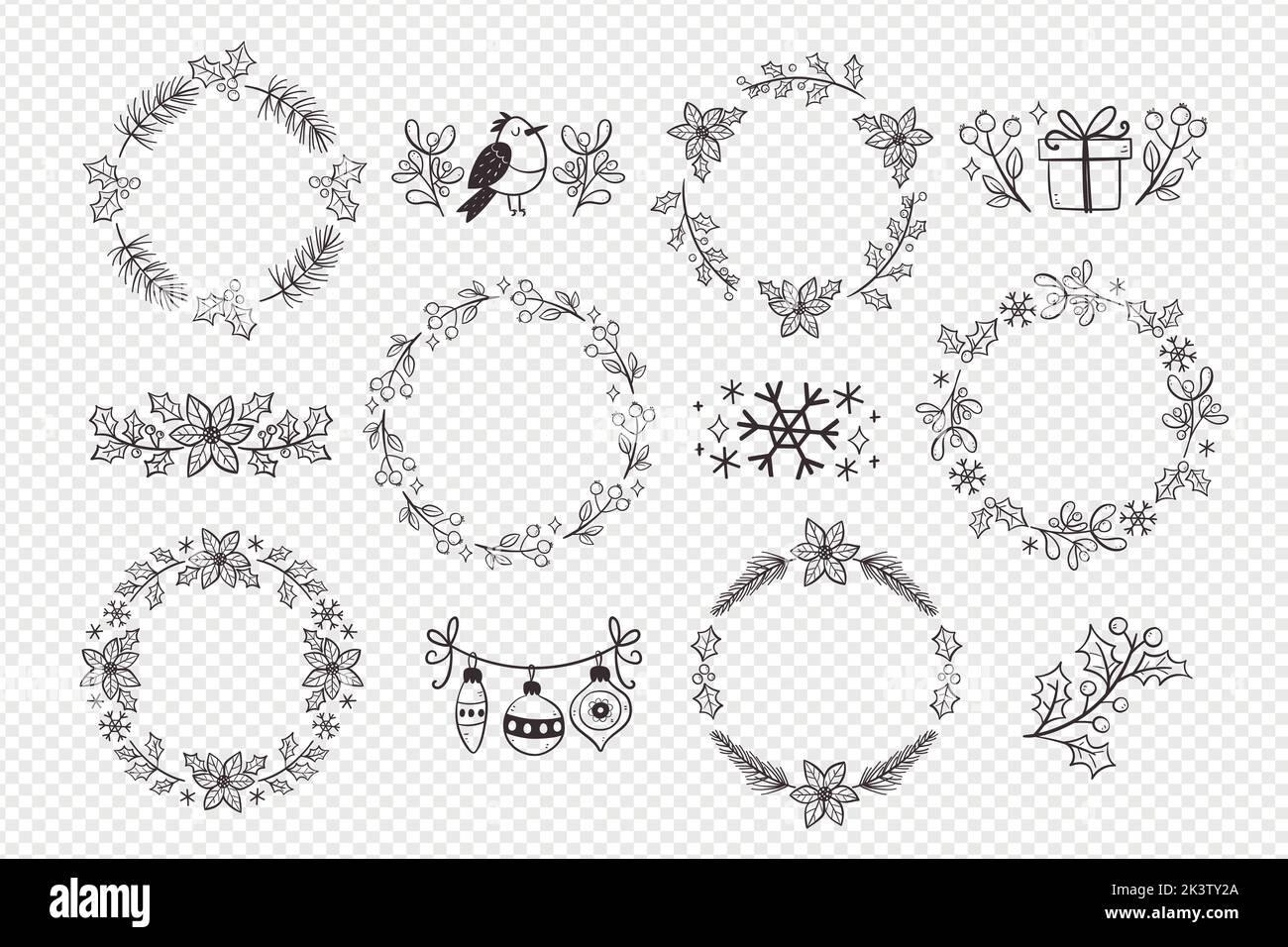 Dekorative Dekorationen im Winter. Sammlung von Kranz und niedlichen Trennwände auf hellem Hintergrund isoliert. Saisonale Blumendekoration. Vektor illustrr Stock Vektor
