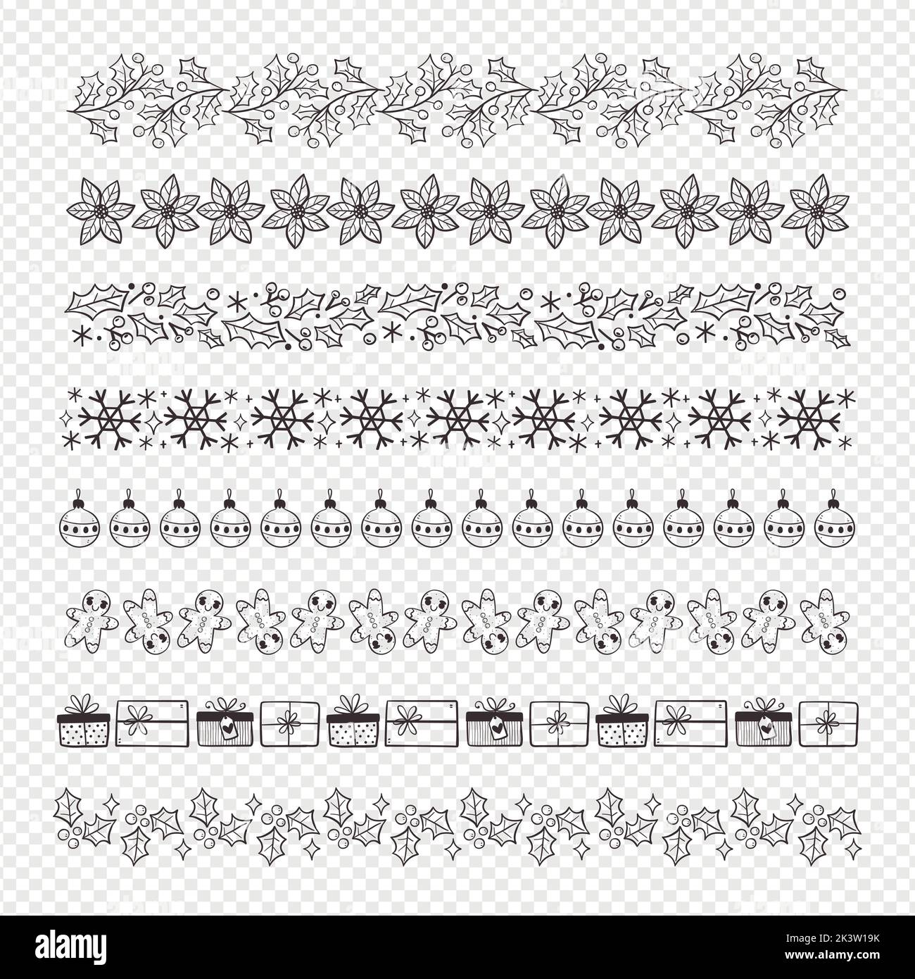 Winter-Kollektion mit Blumenmuster und Zierbordüren. Nahtlose Umrandungen mit weihnachtlichen Zweigen, saisonalen Blumen und Objekten. Doodle isolierte Elemente. Vektorgrafik Stock Vektor