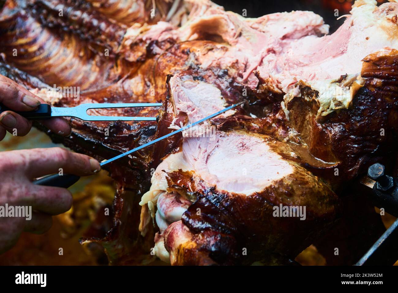 Der Koch schneidet das ganze gegrillte Schweinefleisch für Steaks mit einem Messer. Vom Schwein gegrillte traditionelle Kohle und Feuer. Das kleine Ferkel wird ganz auf einem offenen Feuer geröstet Stockfoto