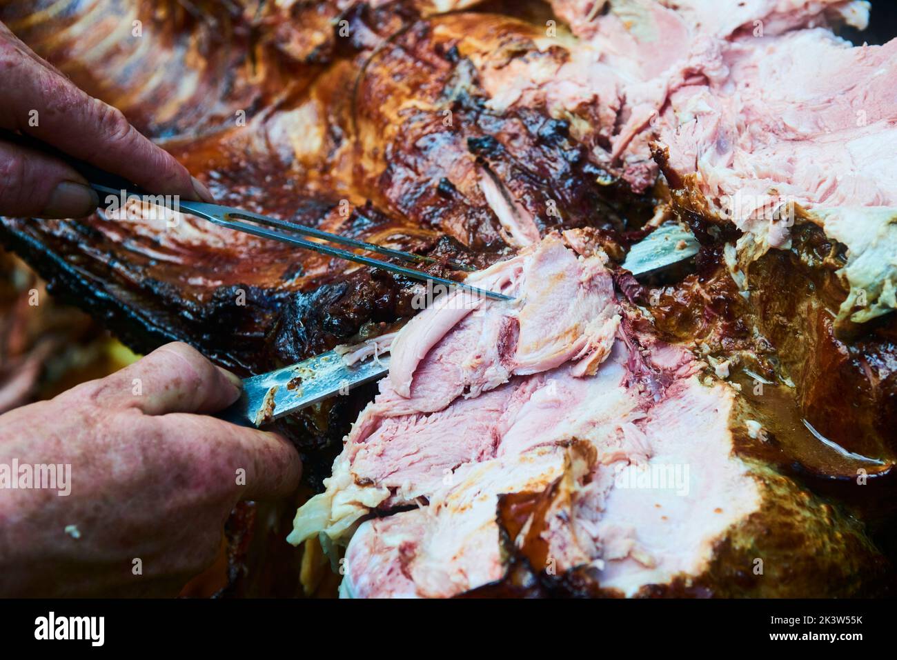 Der Koch schneidet das ganze gegrillte Schweinefleisch für Steaks mit einem Messer. Vom Schwein gegrillte traditionelle Kohle und Feuer. Das kleine Ferkel wird ganz auf einem offenen Feuer geröstet Stockfoto