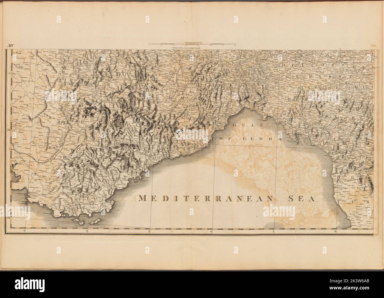 Tafel XIV: Eine allgemeine Karte des Reiches von Deutschland, Holland, den Niederlanden, der Schweiz, den Graubünden, Italien, Sizilien, Korsika und Sardinien Gillet, Thomas. Kartografisch. Karten. 1800-06-04. Lionel Pincus und Princess Firyal Map Division. Europa, Karten Stockfoto