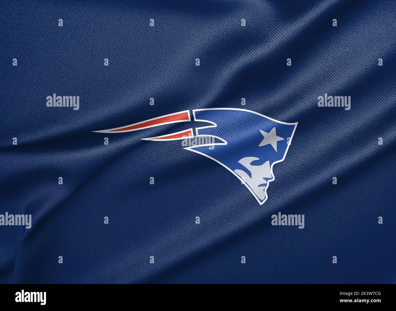 Flagge New England Patriots, Flagge der amerikanischen Fußballmannschaft New England Patriots, Stoffflagge New England Patriots, 3D Arbeit und 3D Bild. Jerewan, Armen Stockfoto