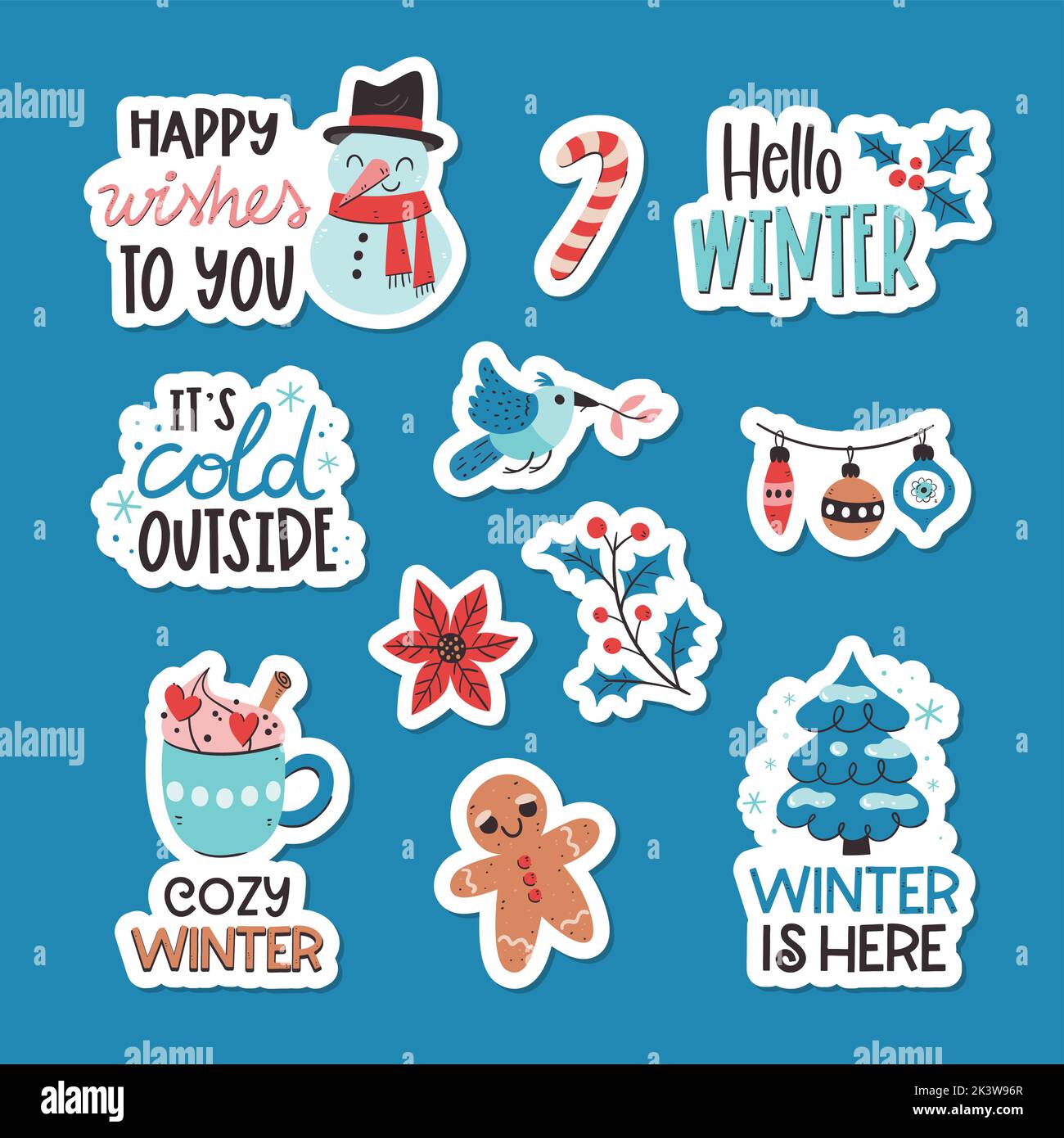 Niedliche Winter-Sticker-Kollektion. Handgezeichnete bunte Sticker mit winterlichen Ziersätzen und Elementen. Vektorgrafik. Set 1 von 2. Stock Vektor
