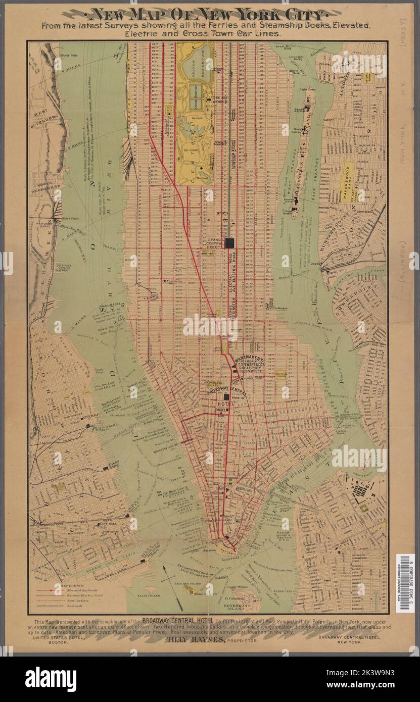 Neue Karte von New York City: Aus den neuesten Umfragen, die alle Fähren und Dampfschiffdocks zeigen, erhöhte, elektrische und Cross-Town-Car-Linien Neue Referenzkarte und Führer zu New York City-Kartographie. Karten. 1903. Lionel Pincus und Prinzessin Firyal Map Division. New York (N.Y.), Manhattan (New York, N.Y.), Fähren , New York Metropolitan Area, Nahverkehr , New York (Bundesstaat) , New York Stockfoto