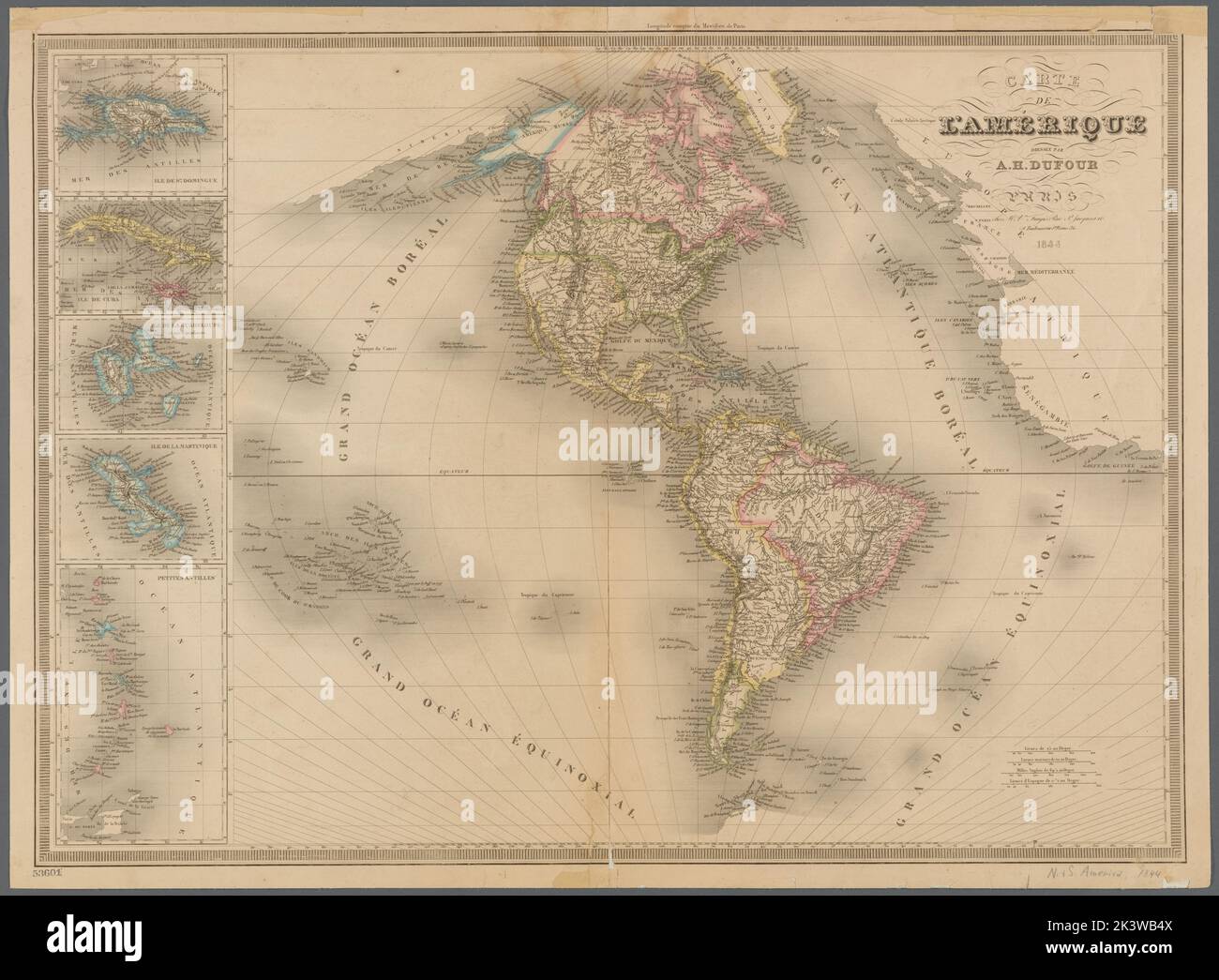 Carte de l'Amerique kartografisch. Karten. 1844. Lionel Pincus und Prinzessin Firyal Map Division. Westliche Hemisphael, Amerika, Martinique, Guadeloupe, Hispaniola, Antillen, Lesser, Kuba Stockfoto