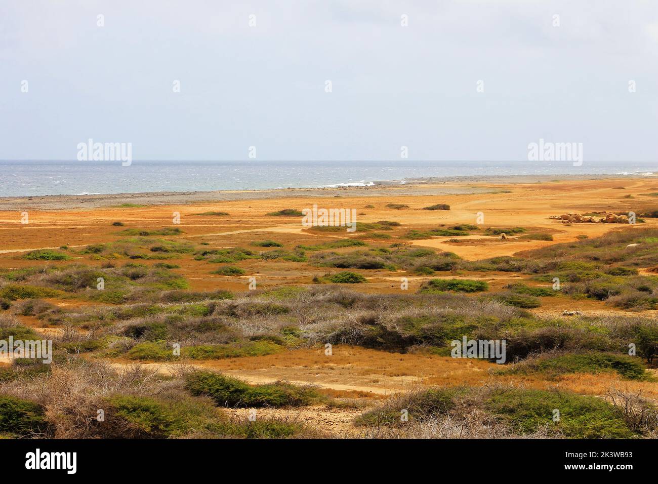 Blick über die Wüste von Aruba auf die Küste Stockfoto