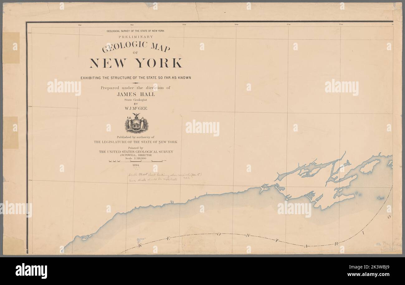 Vorläufige geologische Karte von New York, die die Struktur des Staates bis jetzt bekannt 