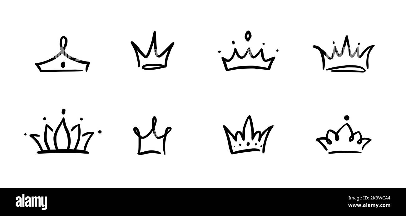 Handgezeichnetes Set mit Doodle Crown. Doodle Prinzessin Krone, Königin Tiara. Linie skizzieren königliches Element. Königin, König von Hand gezeichnet einfaches Design-Element. Isolierte Vektordarstellung. Stock Vektor