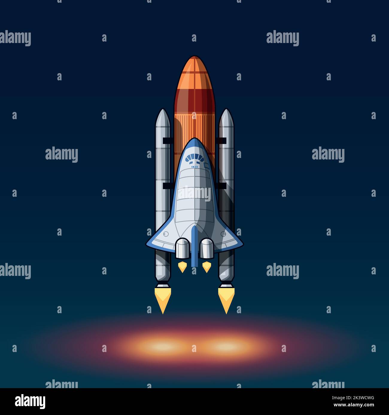 Space Shuttle mit funktionierenden Motoren auf blau Stock Vektor