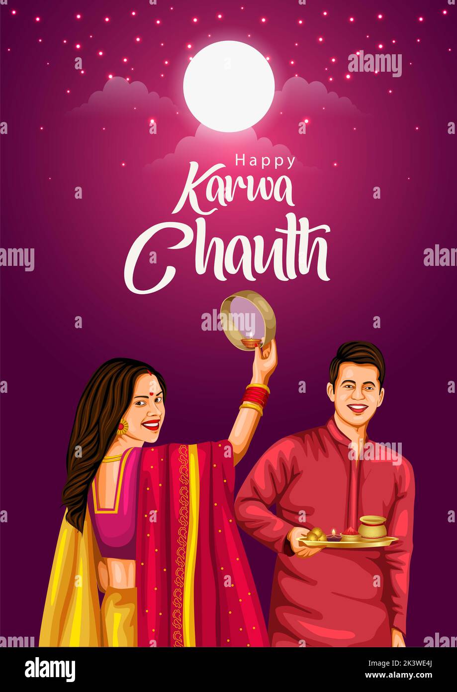 Illustration von Indian Hindu Festival glücklich Karva Chauth Hintergrund mit Paar tun Karwa Chauth. Stockfoto