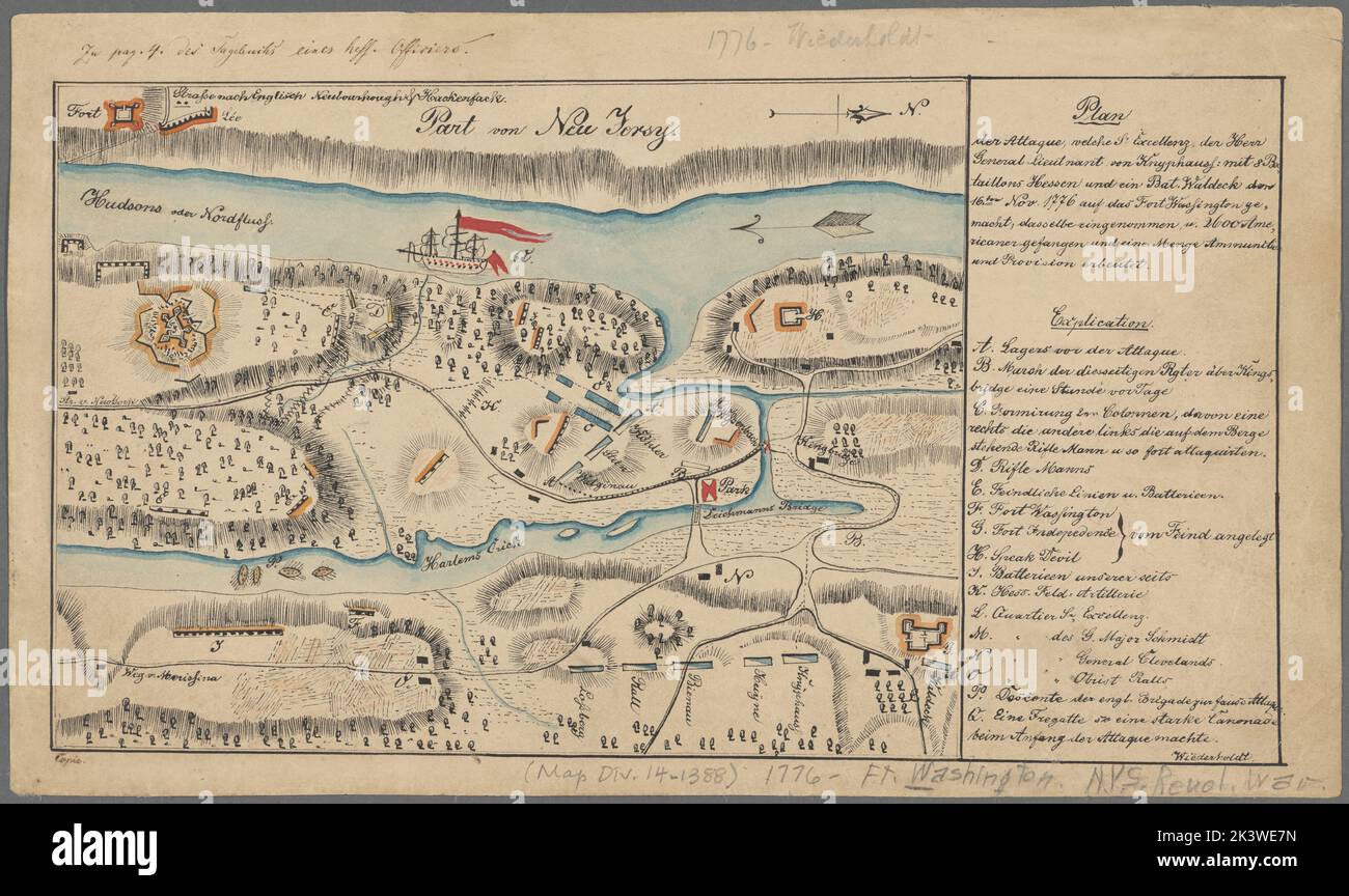 Plan der Attaque, welche Sr. Excellenz der Herr General-Lieutnant von Knyphauss. : Mit 8 Bataillons Hessen und ein bat.Waldeck dem 16ten Nov. 1776 auf das Fort Washington gemacht, dass eingenomen, m. 2600 Americaner gefangen und eine Menge Ammunition und Provision erhalten kartografisch. Karten, Manuskriptkarten. 1776. Lionel Pincus und Prinzessin Firyal Map Division. Fort Washington (New York, New York) , Capture, 1776, New York (New York) , Geschichte , Revolution, 1775-1783 Stockfoto