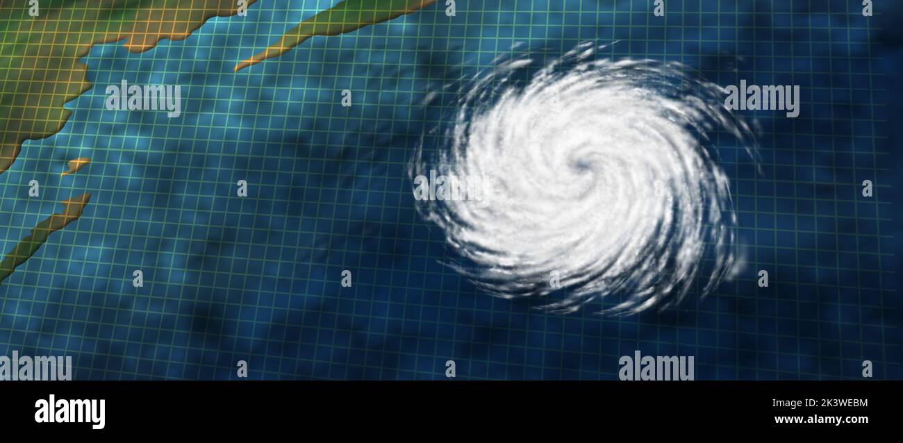 Hurrikan Tropical Cyclone oder Taifun-Grafik mit als gefährliches Naturkatastrophen-Wettersystem vor einer Meeresküste als rotierendes Sturmsystem. Stockfoto