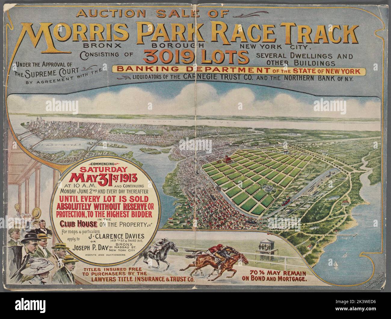 Auktion Verkauf von Morris Park Race Trac, Bronx Borough, New York City. Bestehend aus 3019 Grundstücken, mehreren Wohnungen und anderen Gebäuden, die vom Obersten Gerichtshof nach Vereinbarung mit dem Bankministerium des Staates New York, Liquidators of the Carnegie Trust Co. Und der North Bank of NY genehmigt wurden. Karten, Broschüren. 1913-05-31. Lionel Pincus und Princess Firyal Map Division. Immobilienauktionen , New York (Staat) , New York Stockfoto