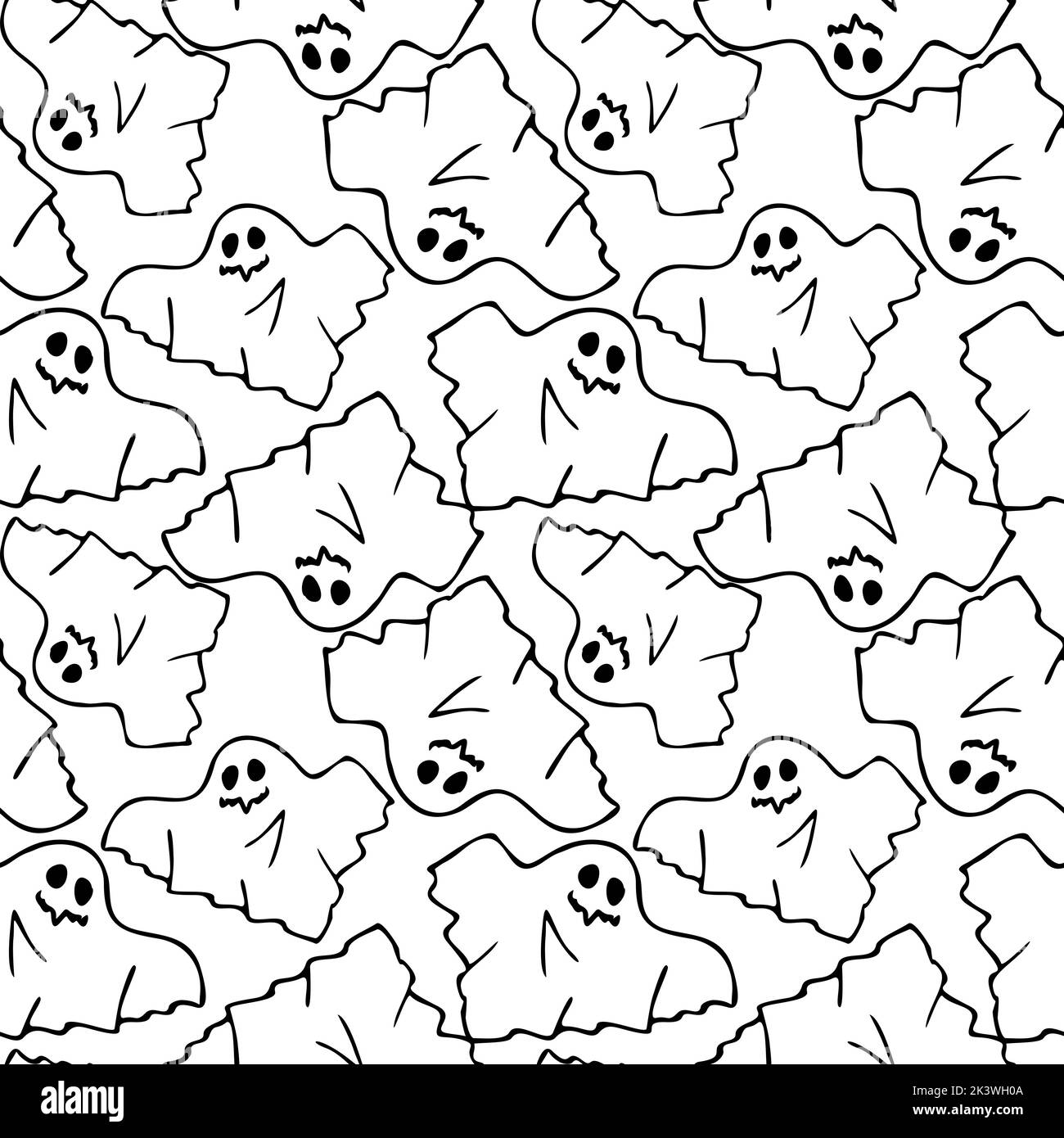Nahtloses Konturmuster von grafischen fliegenden schwarzen Geistern auf weißem Hintergrund, Textur, Design Stockfoto