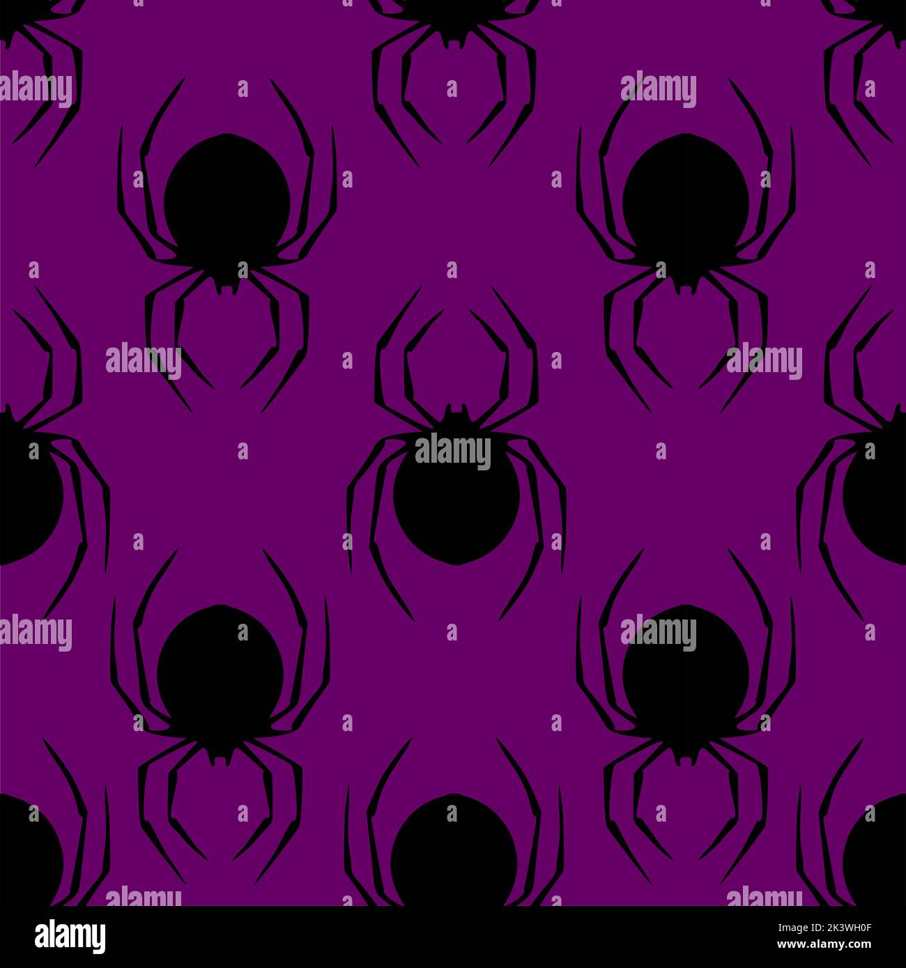 Nahtloses Konturmuster aus grafischen Silhouetten schwarzer Spinnen auf violettem Hintergrund, Textur und Design Stockfoto