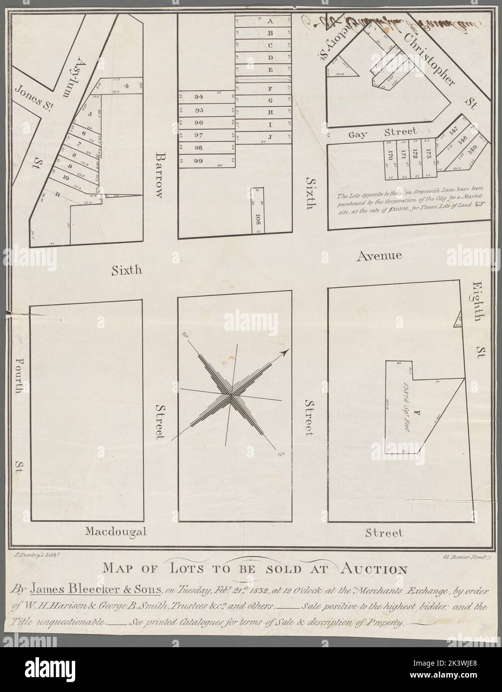 Karte von Partien, die bei einer Auktion von James Bleecker & Sons am Dienstag, Feby, verkauft werden. 21., 1832, um 12 Uhr an der Merchants Exchange, im Auftrag von W.H. Harison & George B. Smith, Treuhänder & Ca. Und andere kartographische. Katasterkarten, Karten. 1832. Lionel Pincus und Prinzessin Firyal Map Division. USA , New York (Bundesstaat) , New York, Grundbesitzer , New York (Bundesstaat) , New York, Immobilien , New York (Bundesstaat) , New York, Immobilienauktionen , New York (Bundesstaat) , New York, West Village (New York, N.Y.), Manhattan (New York, N.Y.), Greenwich Village (New York, N.Y.) Stockfoto