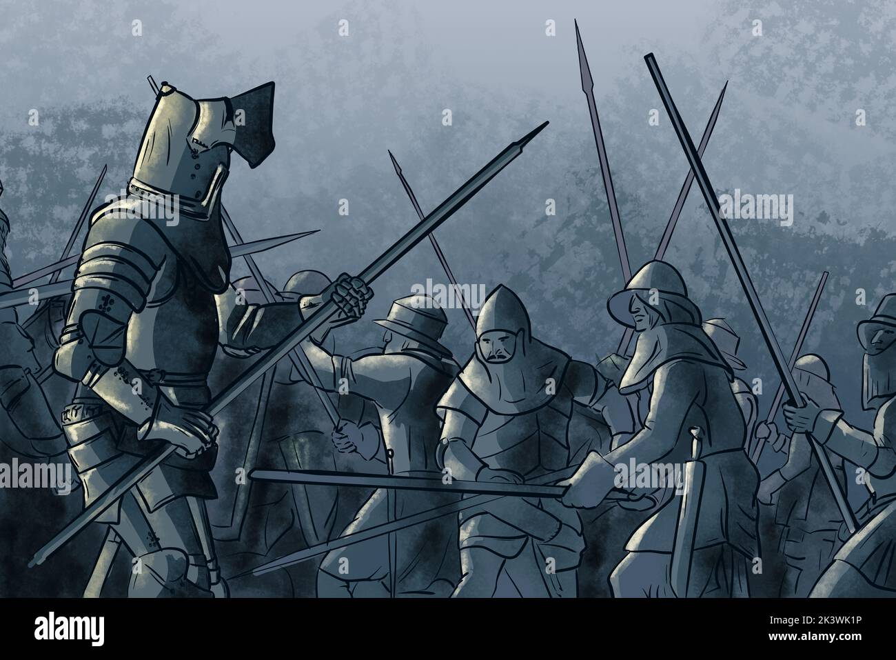 Krieger Ritter mit mittelalterlicher Kampfszene Illustration im Hintergrund. Digitales Malen. Stockfoto