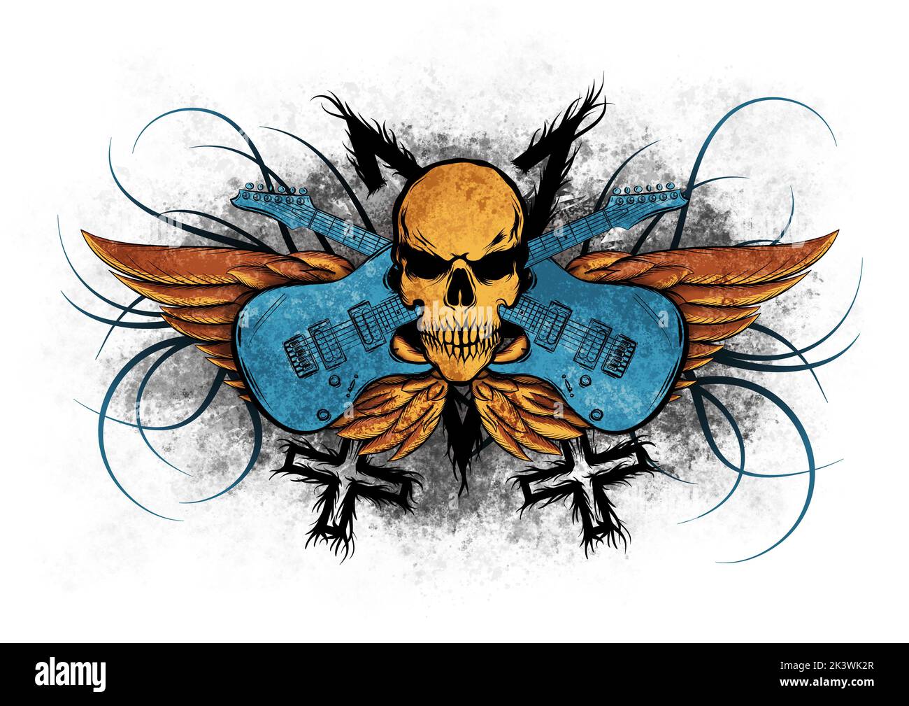 Rock Metal Totenkopf mit E-Gitarren und Flügeln. Symbol für harte Musik. Stockfoto