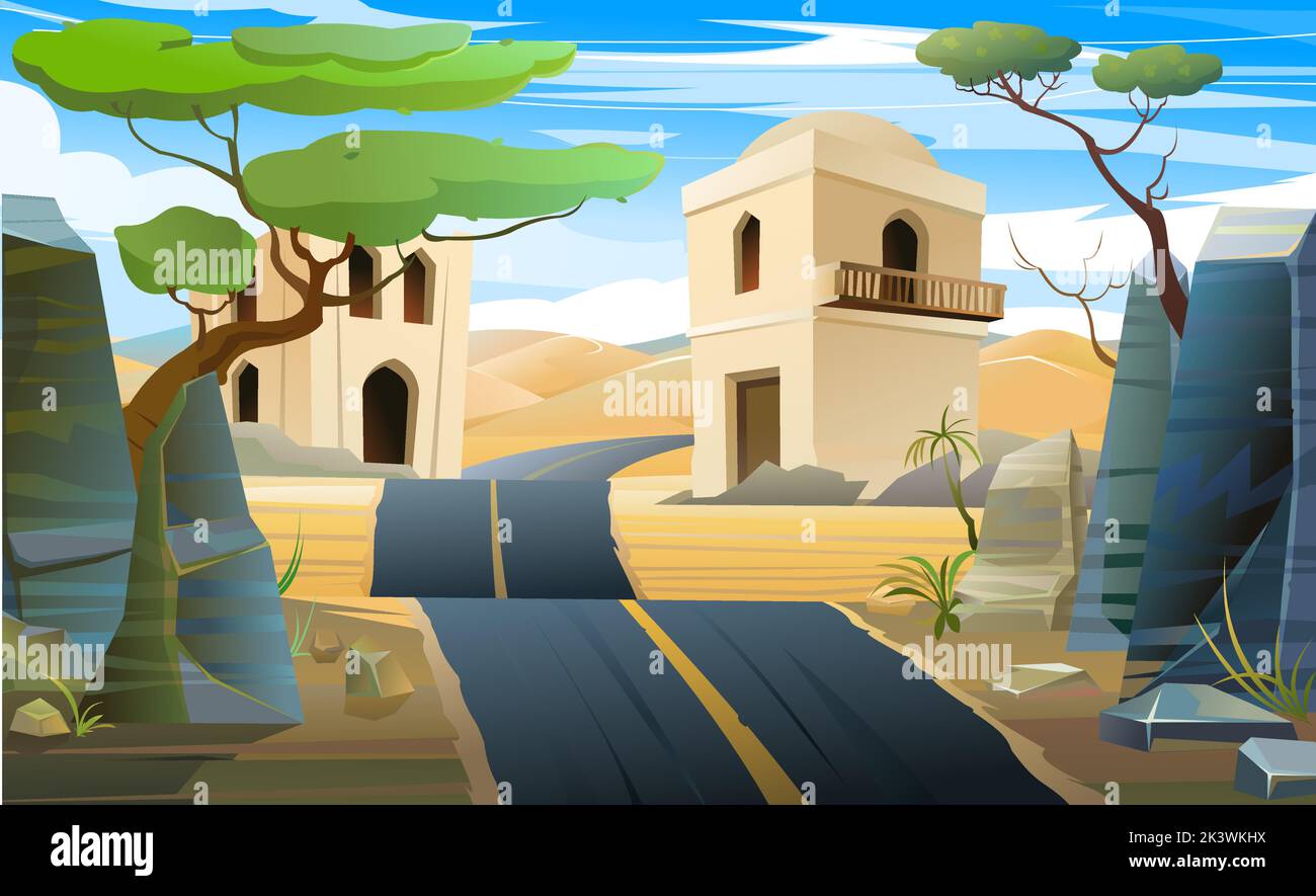 Arabische Lehmhütte. Straße in sandiger Wüste. Adobe-Wohnung im Nahen Osten. Traditionelles Haus in Afrika und Asien. Vektor Stock Vektor
