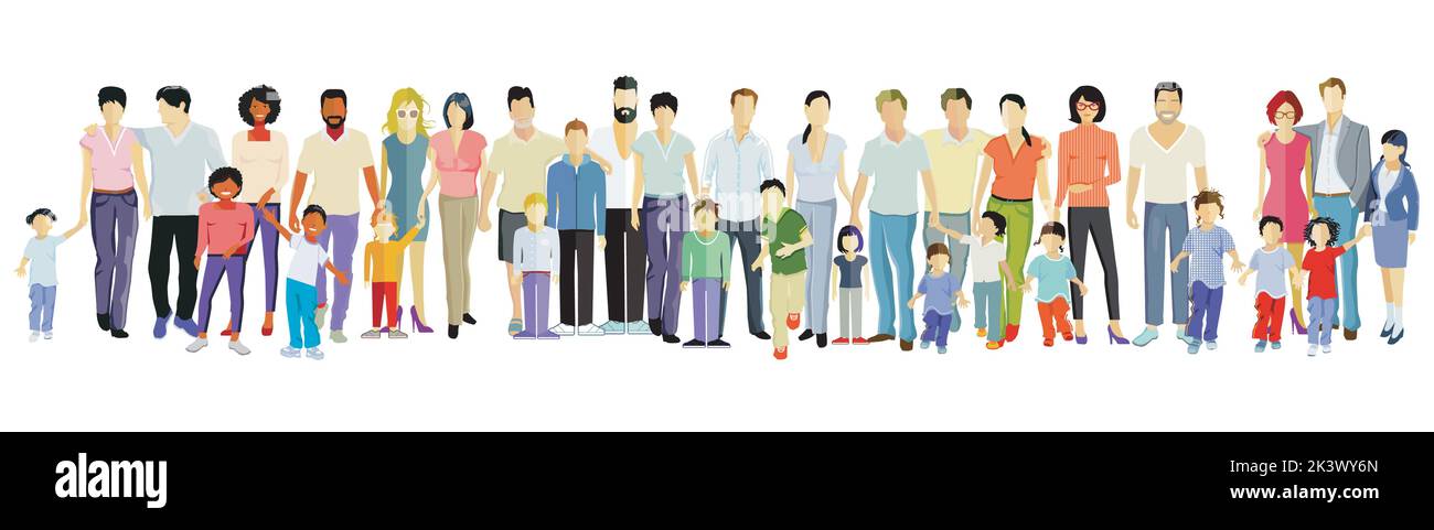 Eltern und Kinder, Familiengruppen auf weiß isoliert, Illustration Stock Vektor