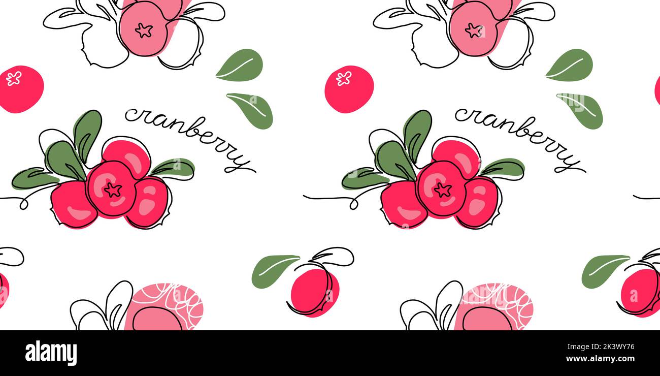 Cranberry, cowberry vector pattern. One continuous line art drawing cranberries pattern Stock Vektor