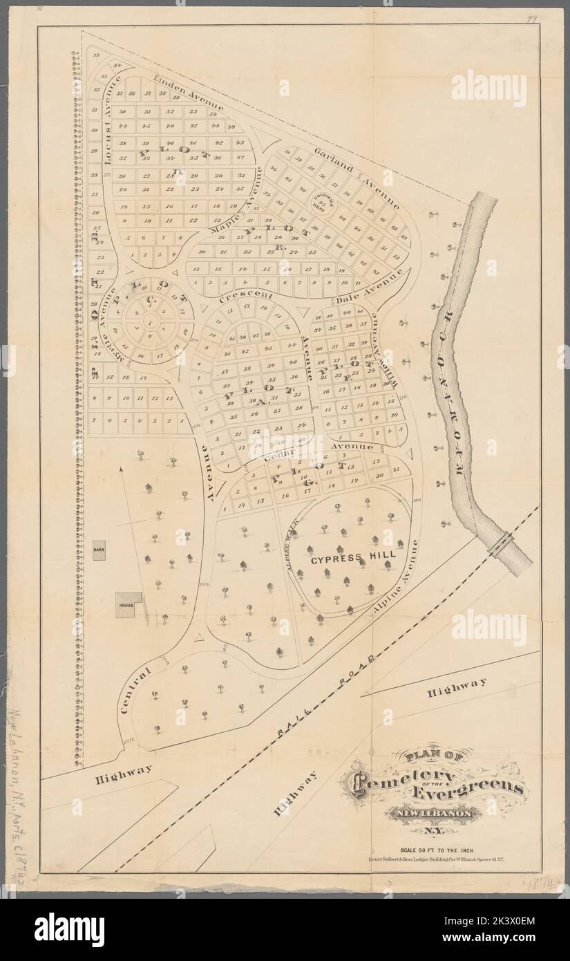 Plan des Friedhofs der Evergreens, New Lebanon, N.Y. kartografisch. Karten. 1874. Lionel Pincus und Prinzessin Firyal Map Division. Friedhof der Evergreens (New Lebanon N.Y.), Friedhöfe , New York (Staat) , New Lebanon, New Lebanon (N.Y.) Stockfoto