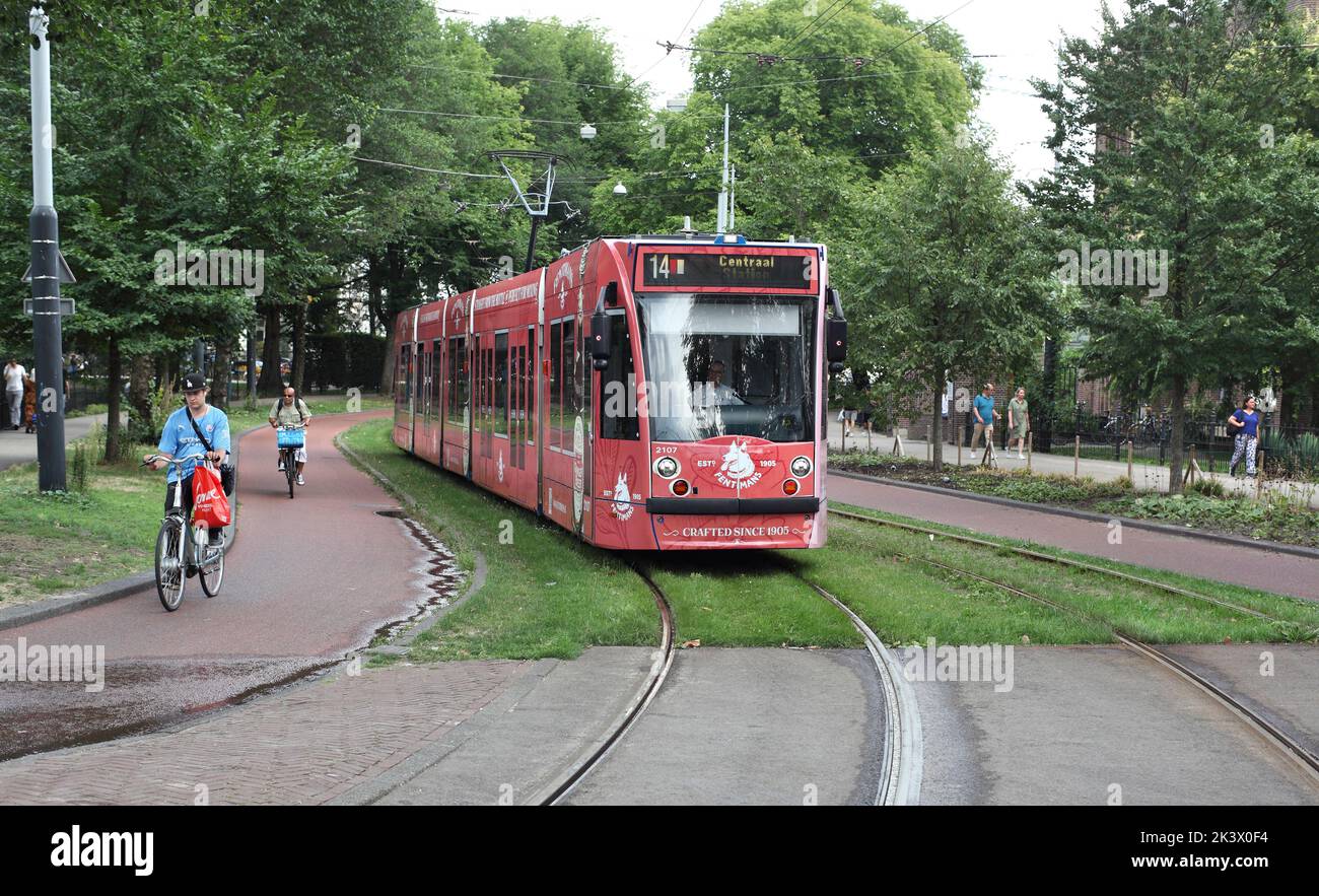 Eine Straßenbahn auf der Plantage Middenlaan, Amsterdam. Eine Straße für nachhaltigen Verkehr: Straßenbahnlinien, die von Fahrradwegen flankiert werden, und Fußwege für Fußgänger. Stockfoto