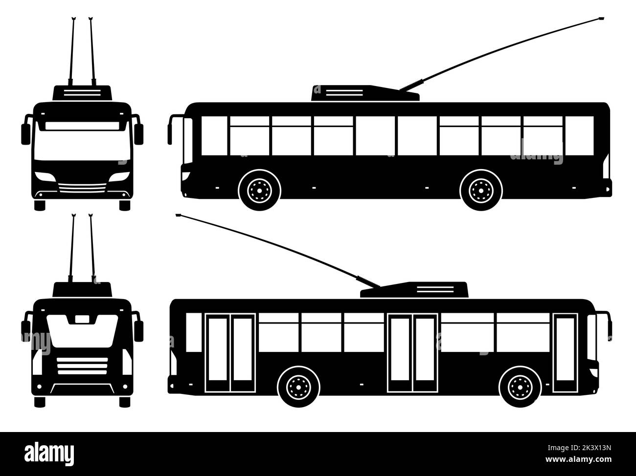 Trolleybus Silhouette auf weißem Hintergrund. Fahrzeugsymbole stellen die Ansicht von der Seite, von vorne und von hinten ein Stock Vektor