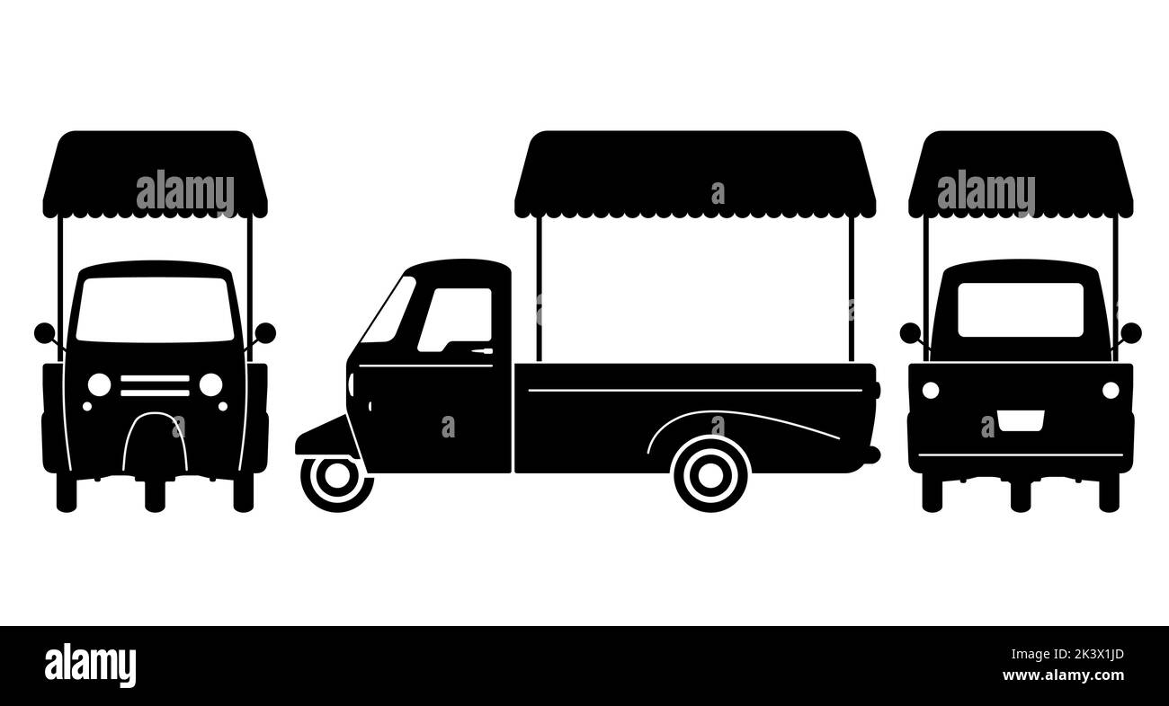 Food Cart Silhouette auf weißem Hintergrund. Fahrzeugsymbole stellen die Ansicht von der Seite, von vorne und von hinten ein. Stock Vektor